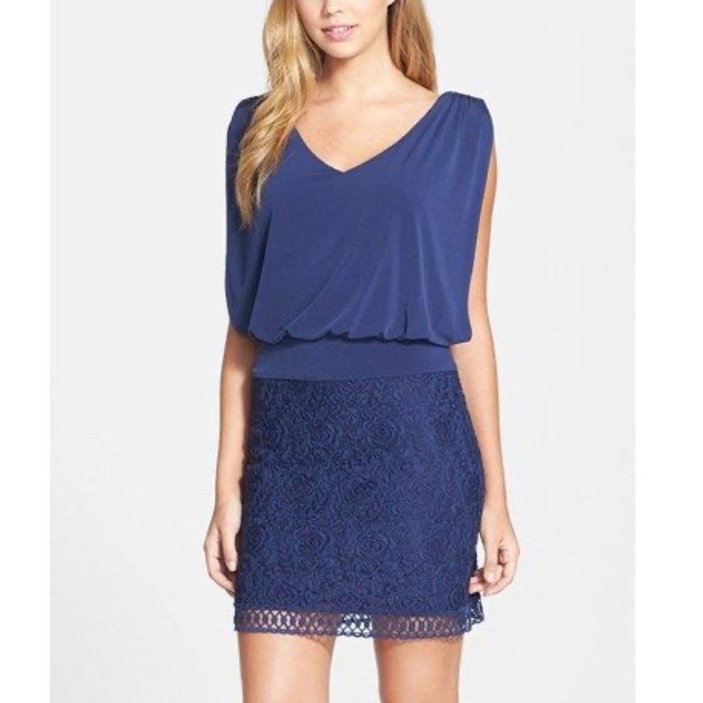 Laundry by Shelli Segal Navy Mixed Media Dress Sz 4 Lace Skirt Two-Fer Cocktail